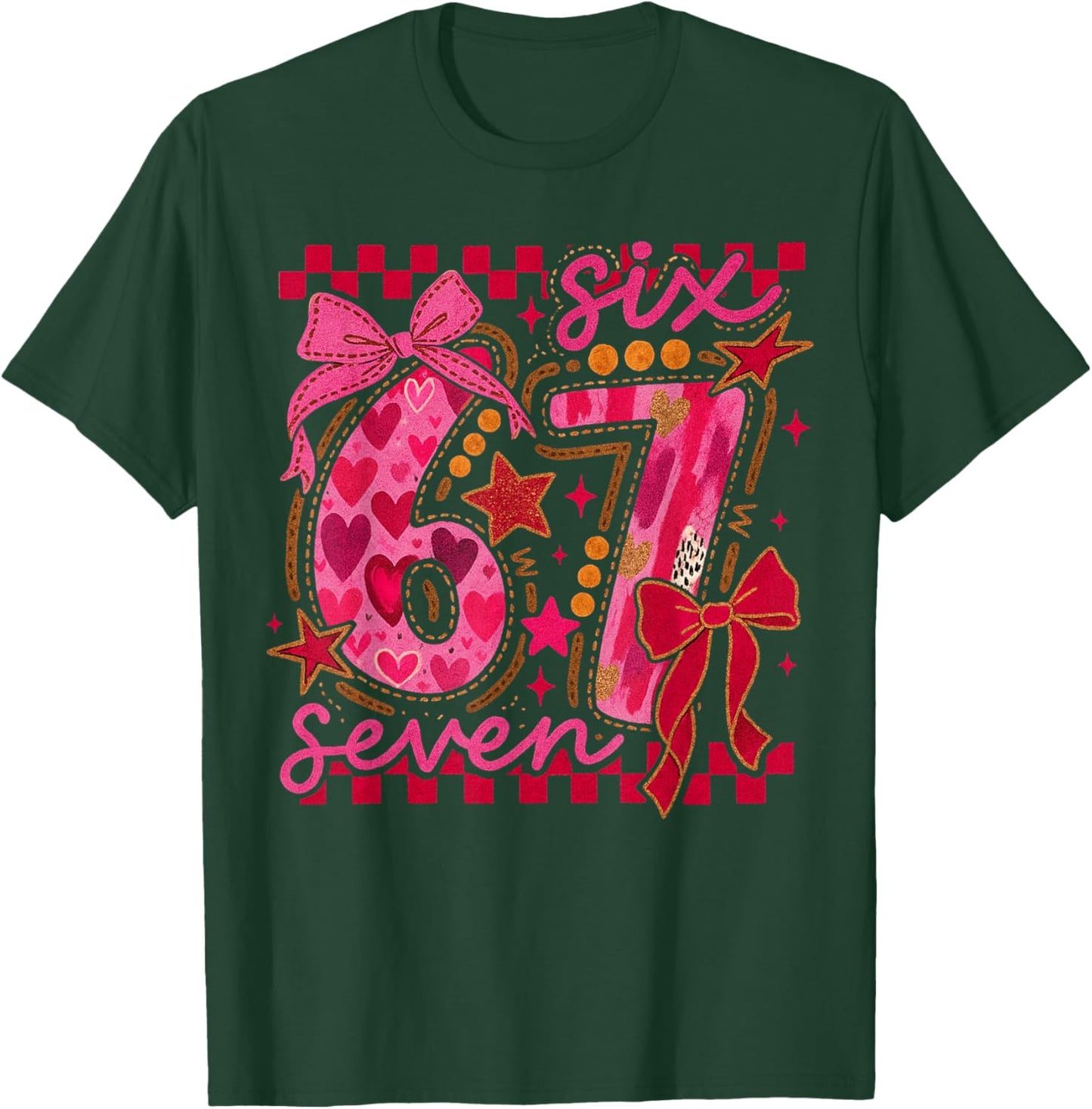 Six Seven Valentine 6 7 Meme Checkered Coquette Bow T-Shirt - T-Shirt | Forest