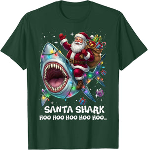 Santa Shark Ho Ho Ho Funny Christmas Lights Sharkmas Tree T-Shirt - T-Shirt | Forest