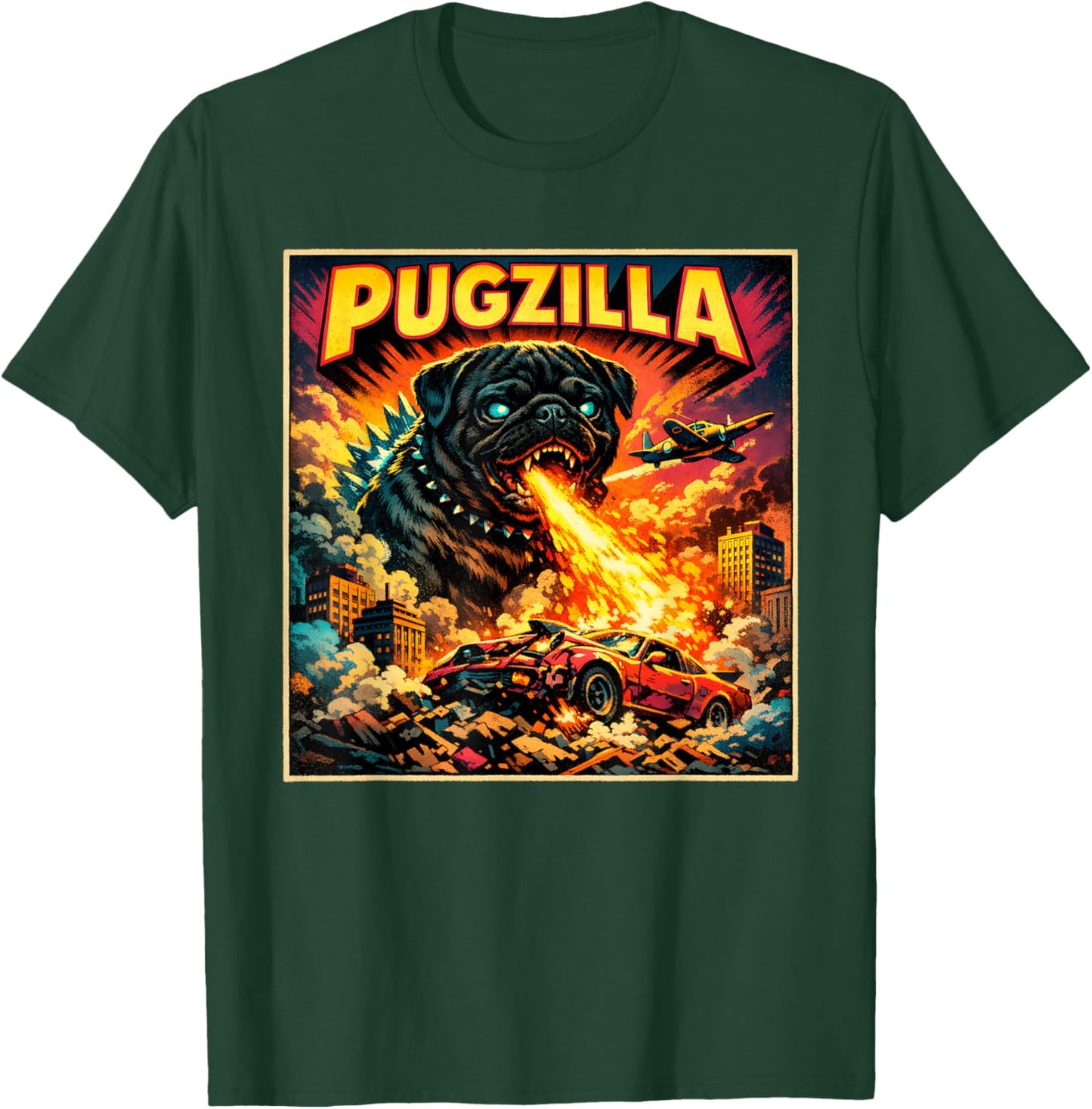 Retro Pugzilla Cute Pug Funny Youth Life from Dad Mom Meme T-Shirt - T-Shirt | Forest