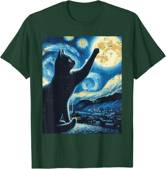 Cat Reaching Moon Starry Night Funny Kitten Men Women Kids T-Shirt - T-Shirt | Forest