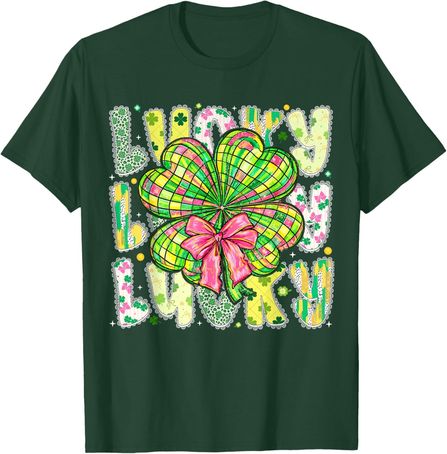 Lucky St Patricks Day Clover Coquette Bow Girl Women Kid T-Shirt - T-Shirt | Forest