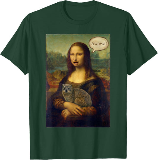 Mona Lisa Holding Rock Hyrax Awawa Funny Art Portrait T-Shirt - T-Shirt | Forest