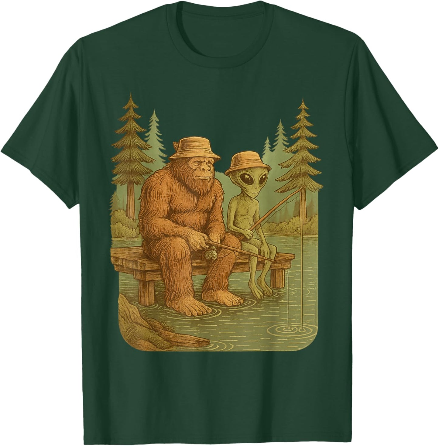 Funny Bigfoot Sasquatch Alien Fishing Outdoors Lake River T-Shirt - T-Shirt | Forest