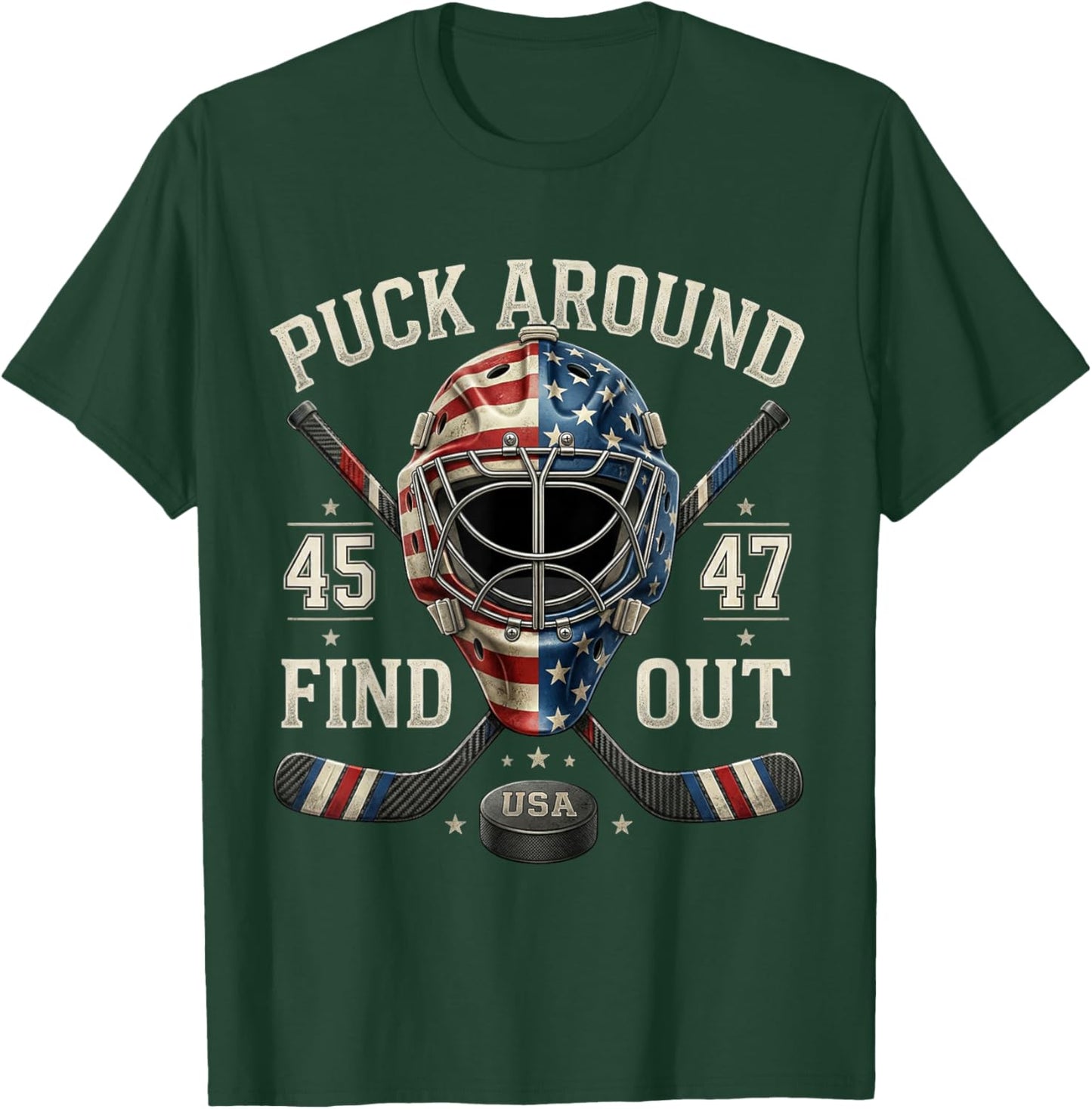 Funny Retro Puck Around and Find Out Funny Hockey Us Flag T-Shirt - T-Shirt | Forest