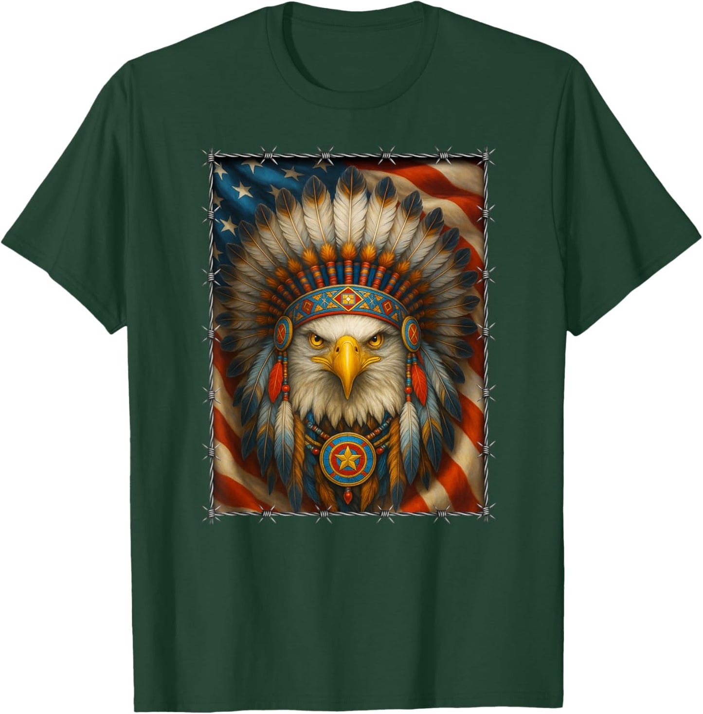 Native American - Indian Headdress Eagle - Navajo USA Flag T-Shirt - T-Shirt | Forest