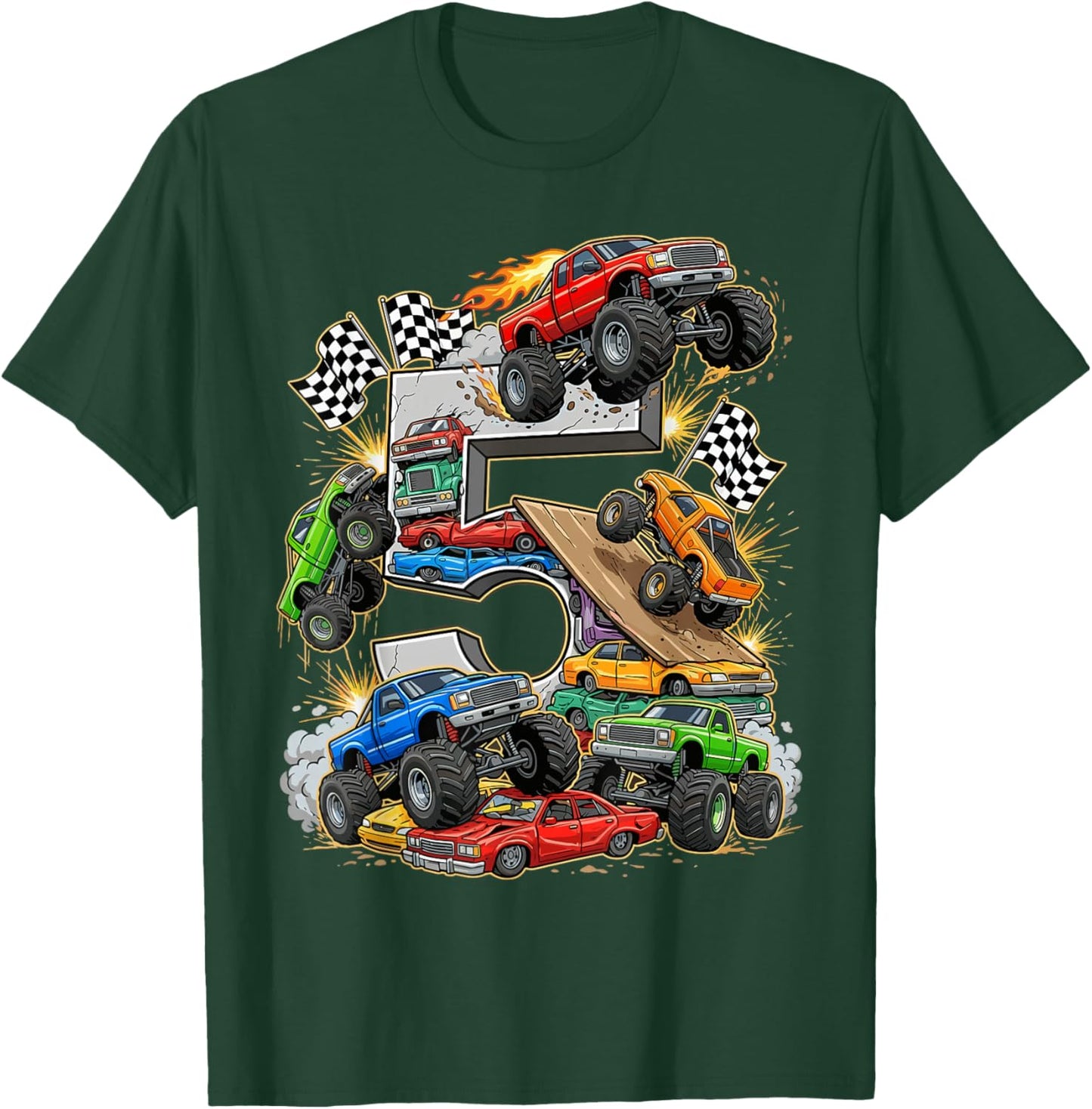 5th Birthday Monster Truck Racing Birthday Boy Party T-Shirt - T-Shirt | Forest