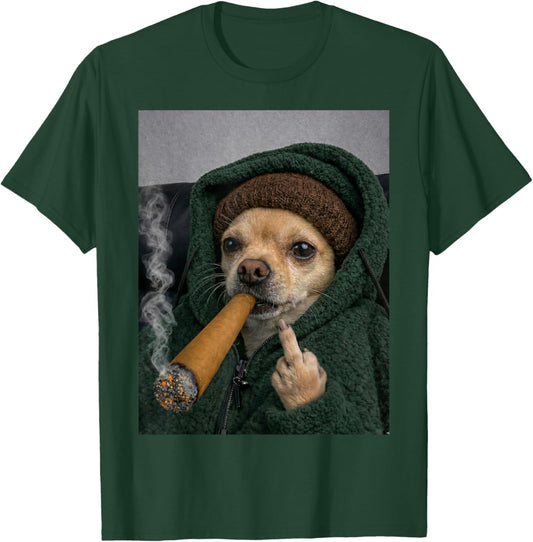Funny Chihuahua Dog Smoking Cigarette with a Middle Finger T-Shirt - T-Shirt | Forest