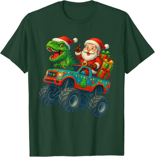 Christmas Monster Truck Santa Trex Dinosaur Dino Boys Kids T-Shirt - T-Shirt | Forest