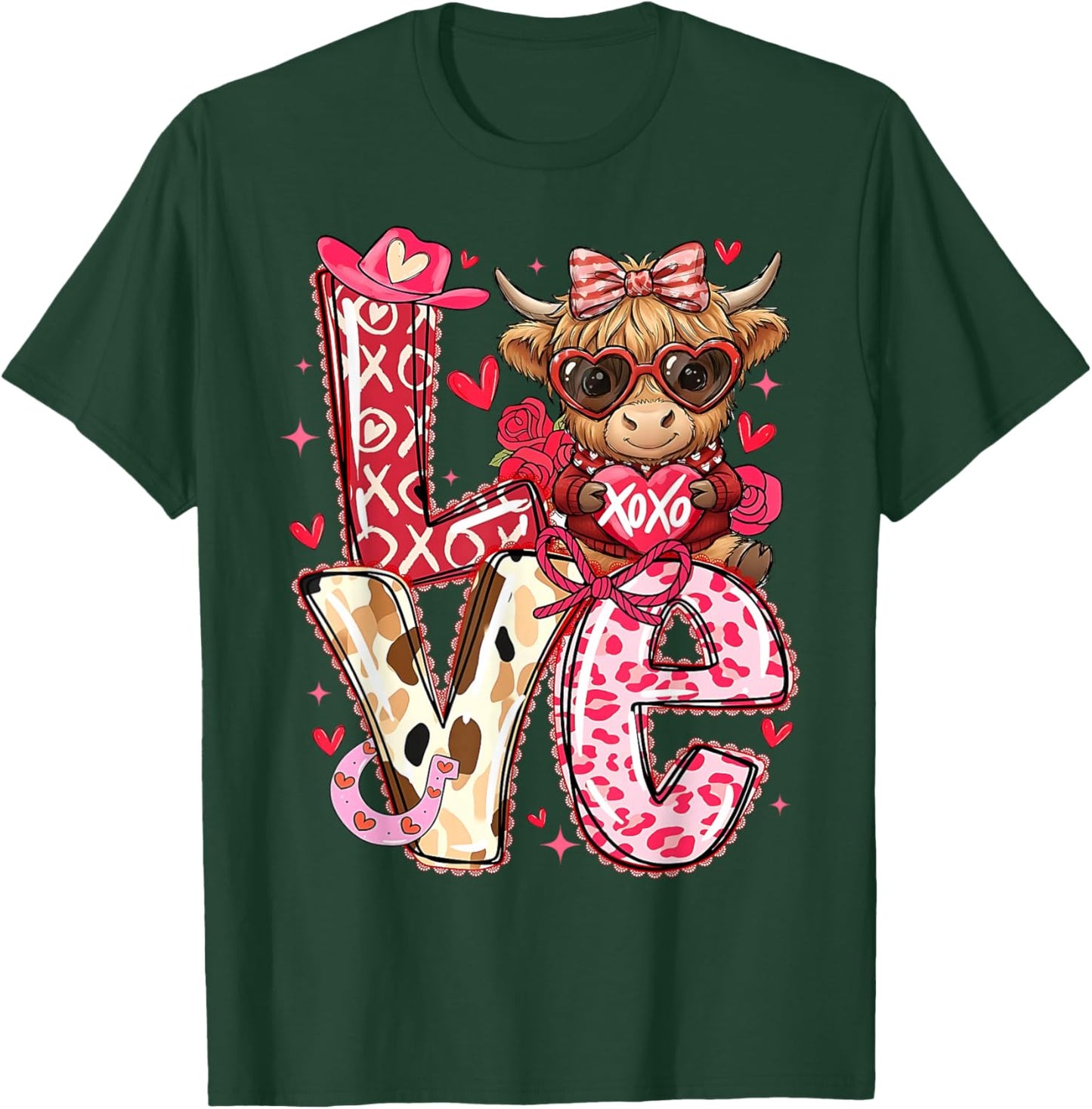 Love Western Highland Cows Valentine Cowgirl Hat T-Shirt - T-Shirt | Forest