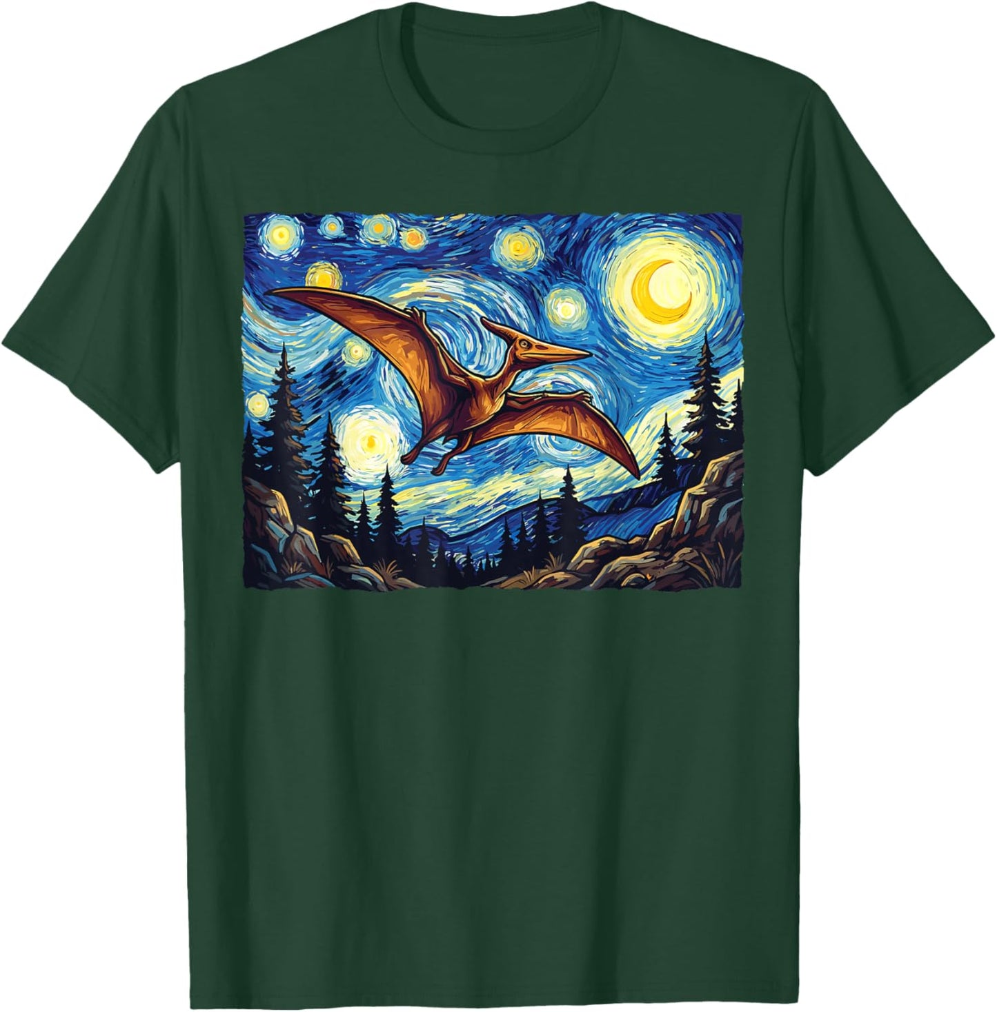 Pterodactyl Dinosaur Prehistoric Starry Night Van Gogh Dino T-Shirt - T-Shirt | Forest