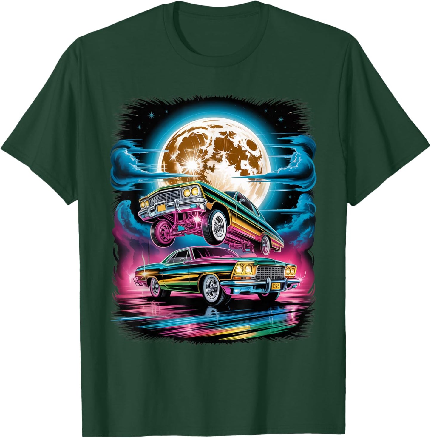 Vintage Retro 90s Airbrushed Classic Cars Under Full Moon T-Shirt - T-Shirt | Forest