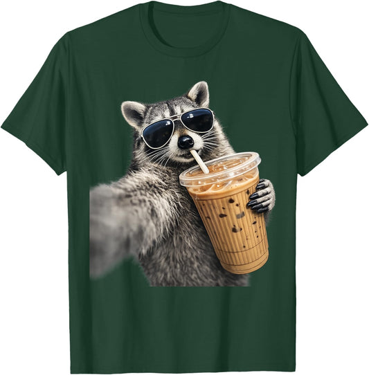 Funny Raccoon Drinking iced Coffee T-Shirt - T-Shirt | Forest