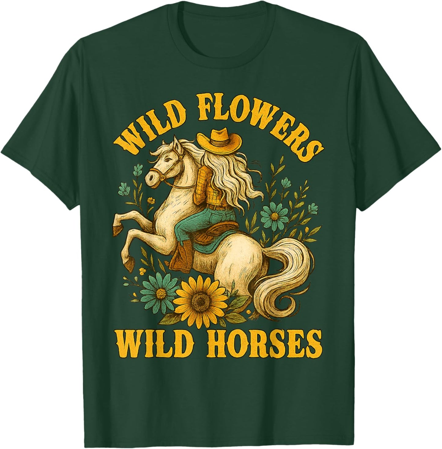 Flowers Wild Horses Cowgirl Western Vintage Gifts Women Girl T-Shirt - T-Shirt | Forest