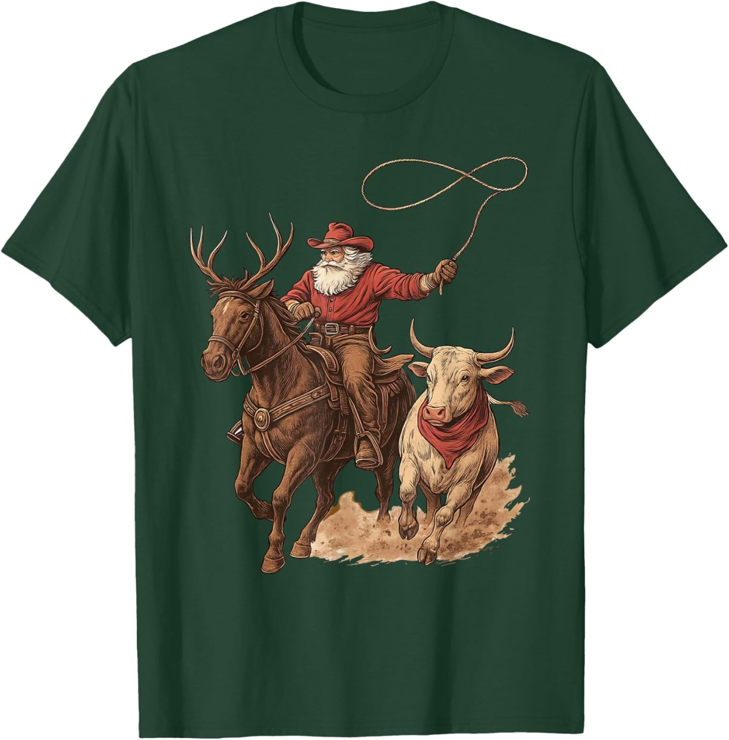Funny Santa Cowboy Rodeo Reindeer Western Horse Roping Xmas T-Shirt - T-Shirt | Forest