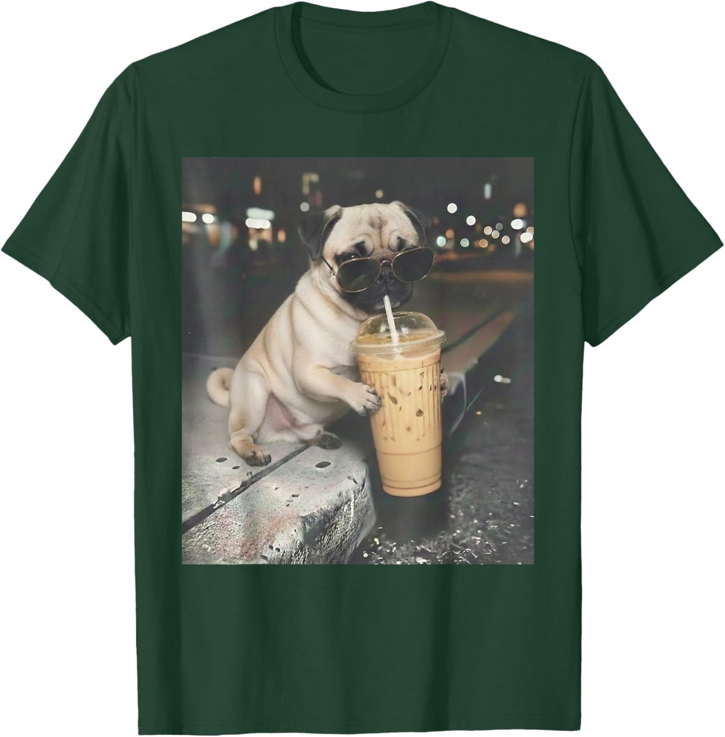 Pug Drinking Iced Coffee Funny Animal Meme Dog Pug Lover T-Shirt - T-Shirt | Forest
