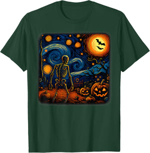 Halloween Skeleton Starry Night Van Gogh Pumpkin Men Women T-Shirt - T-Shirt | Forest