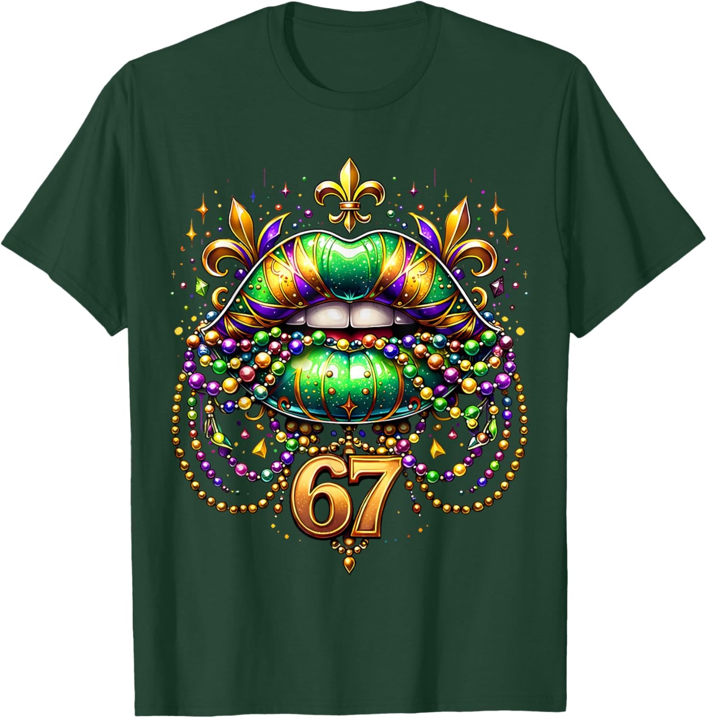 Funny 67 Mardi Gras Lips Meme 6 7 Beads Six Seven Women Girl T-Shirt - T-Shirt | Forest