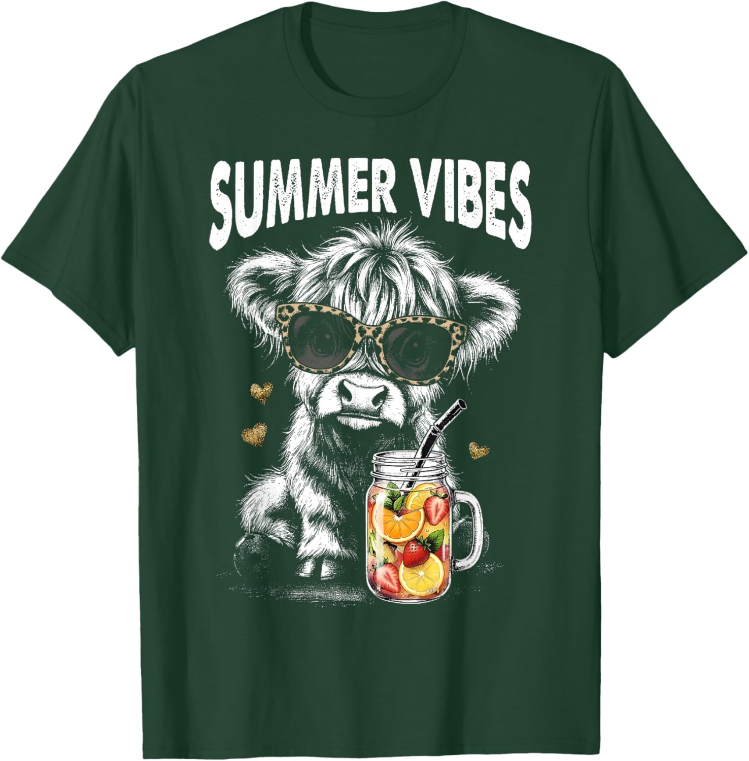 Retro Highland Cow Summer Vibes Leopard Sunglasses Girl Kids T-Shirt - T-Shirt | Forest