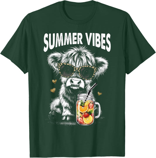 Retro Highland Cow Summer Vibes Leopard Sunglasses Girl Kids T-Shirt - T-Shirt | Forest