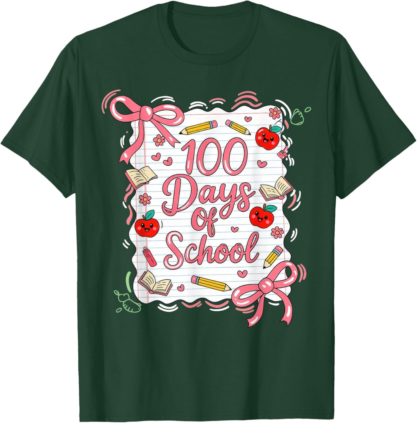 100 Days of School Coquette Bow for Girls 100th Day Teacher T-Shirt - T-Shirt | Forest
