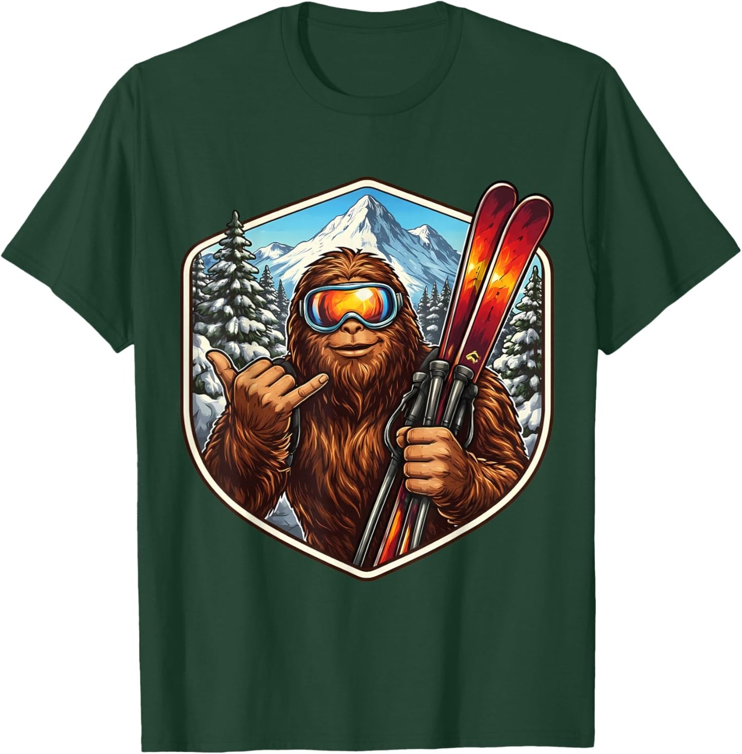 Sasquatch Skiing Big-Foot Shaka Ski Lover Skier Mountain Fun T-Shirt - T-Shirt | Forest