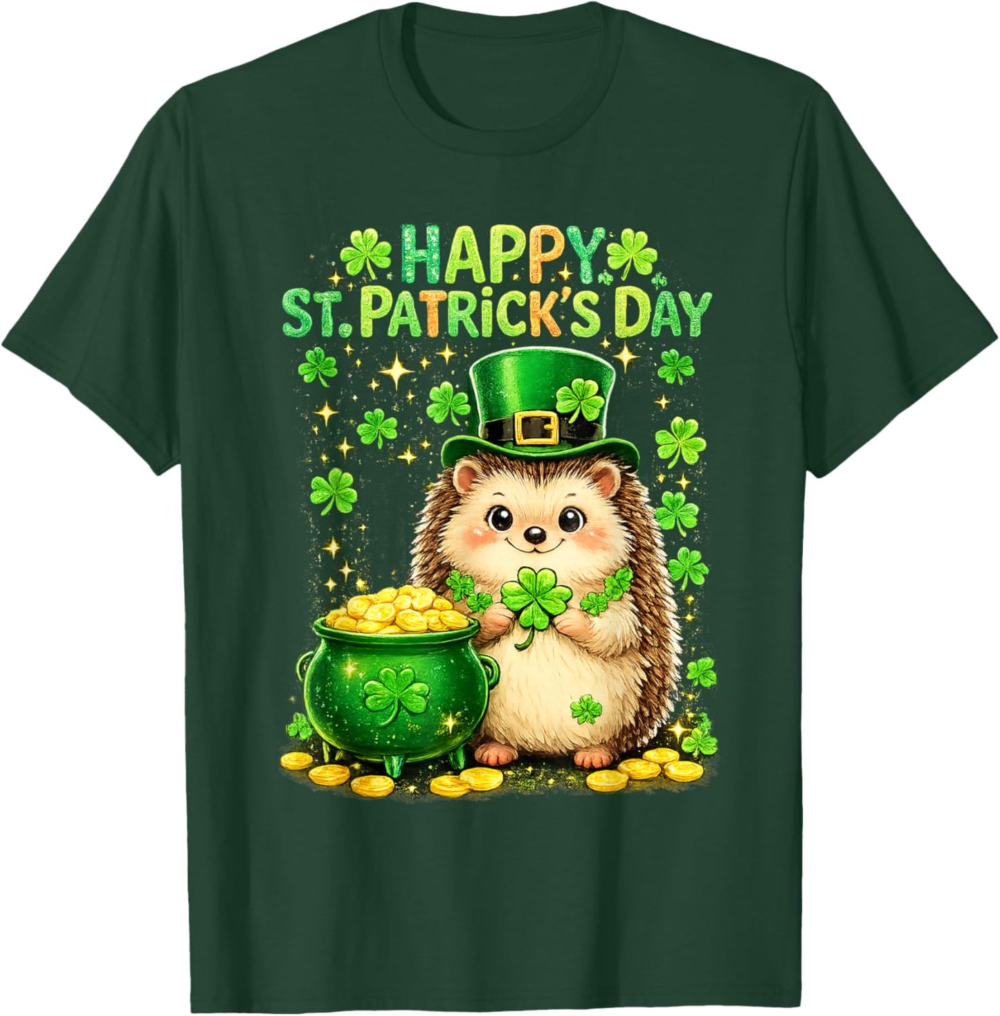 Happy St Patrick’s Day Cute Hedgehog Shamrock Funny T-Shirt - T-Shirt | Forest