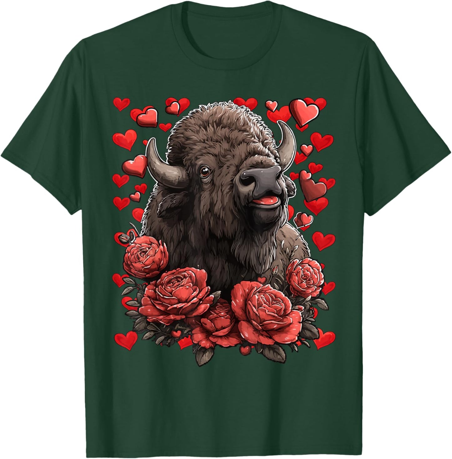 Cute Bison with Red Roses Hearts Valentine’s Day Animal T-Shirt - T-Shirt | Forest
