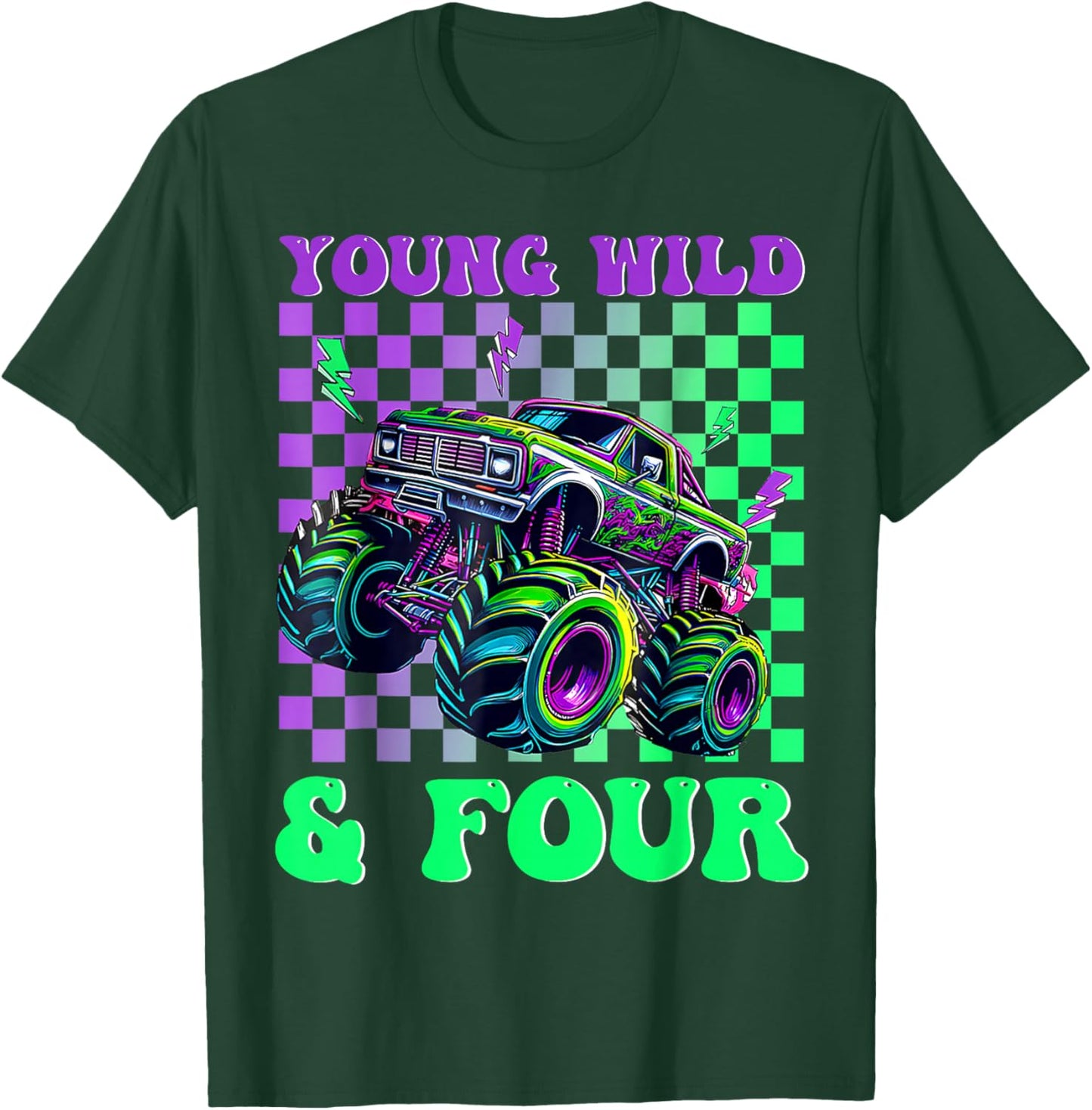 Kids 4th Birthday Boy Monster Truck Young Wild and Four T-Shirt - T-Shirt | Forest