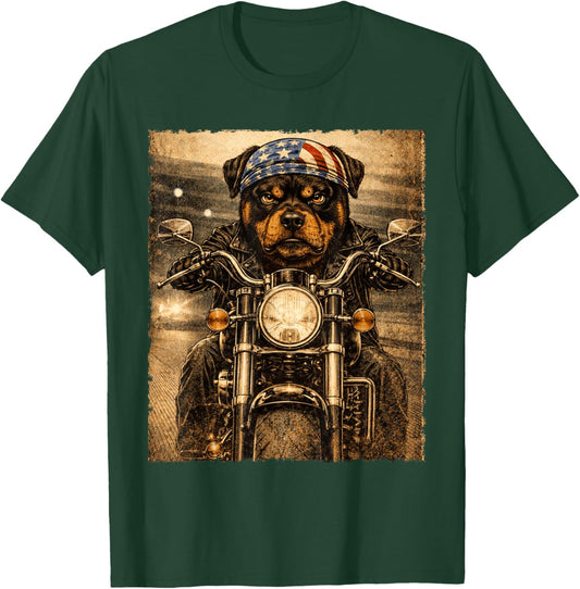 Vintage Rottweiler Dog Biker Funny Rottie Riding Motorcycle T-Shirt - T-Shirt | Forest
