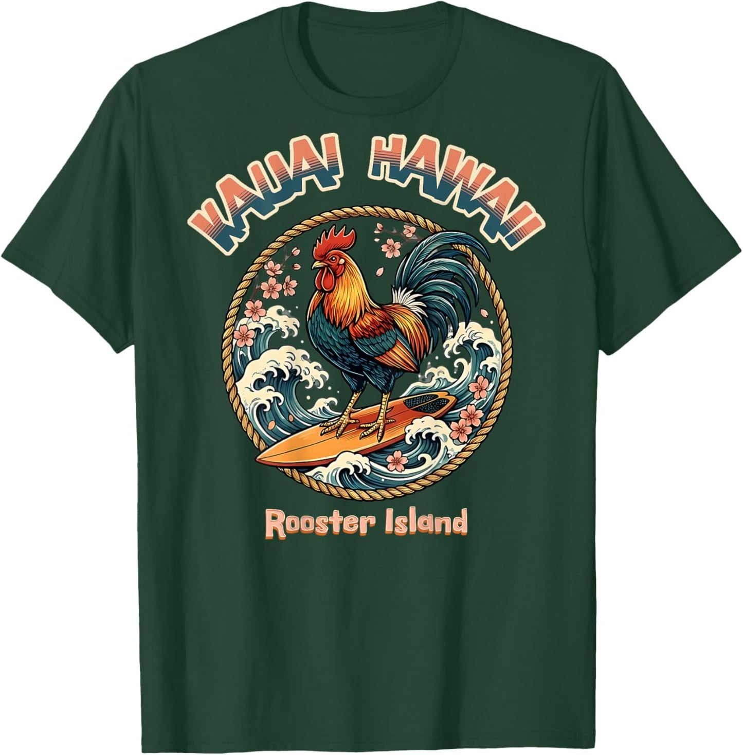 Rooster Surfer Chicken Surfing Kauai Hawaiian Surf Chic T-Shirt - T-Shirt | Forest