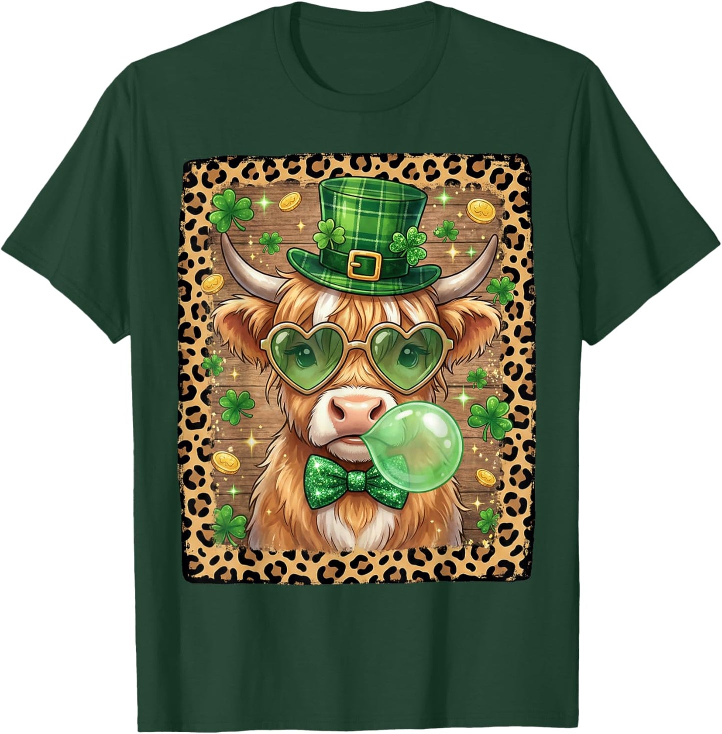 Highland Cow St Patricks Day Women Shamrock Saint Pattys T-Shirt - T-Shirt | Forest