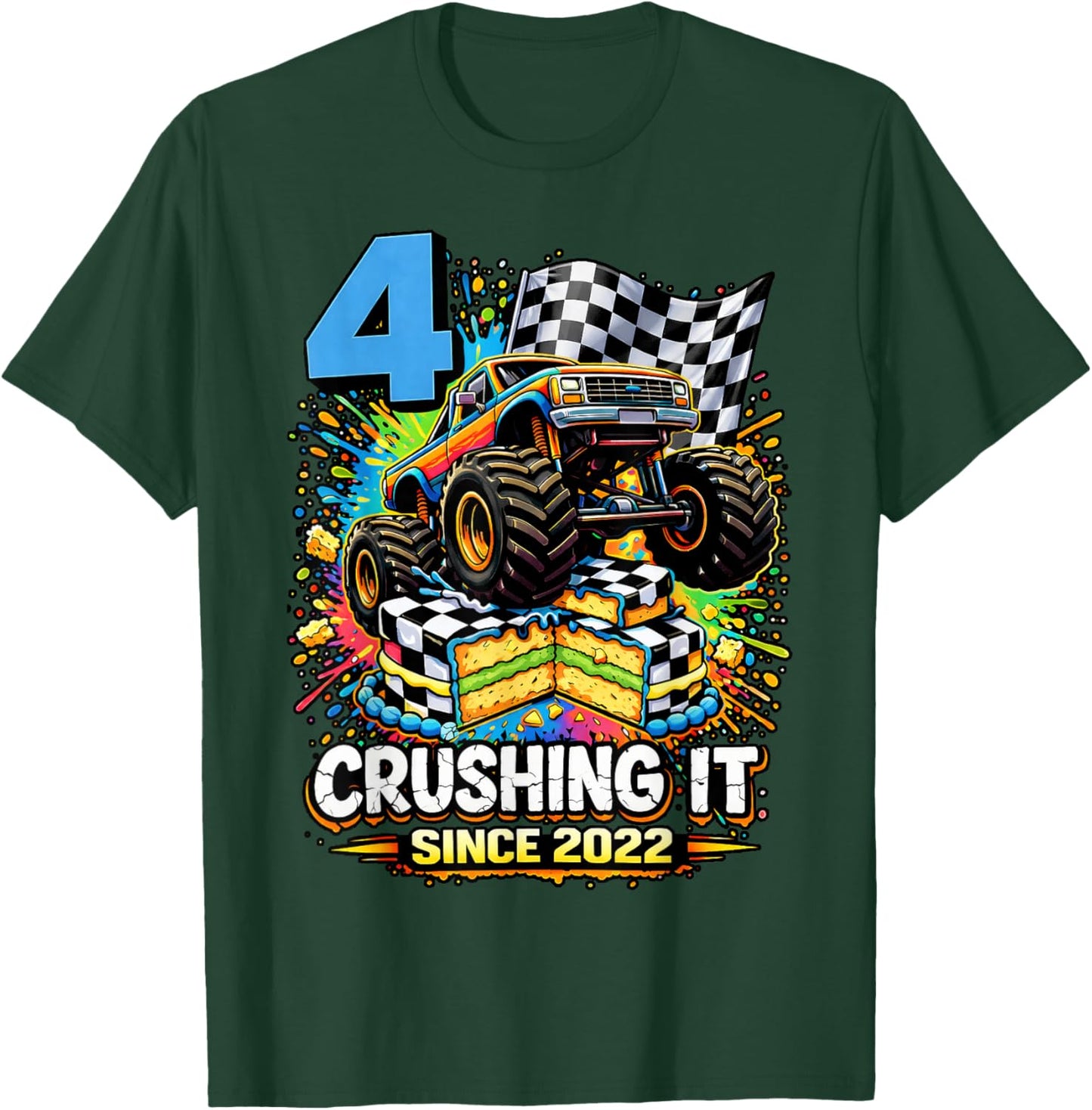 Birthday Monster Truck 4 Year Old Boys 4th Party Born 2022 T-Shirt - T-Shirt | Forest