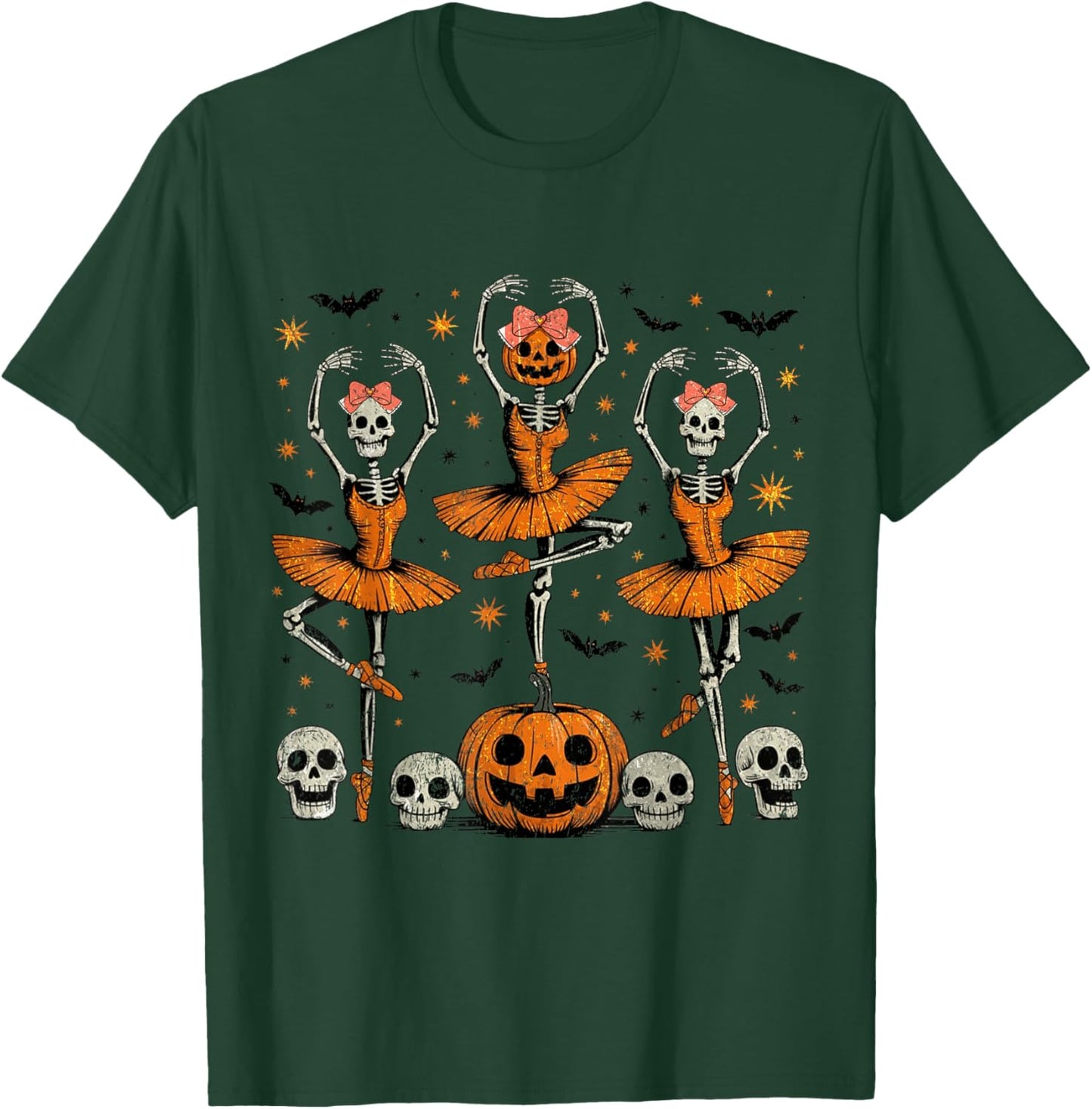 Girls Halloween Ballet Skeleton Pumpkin Girls Skeleton Women T-Shirt - T-Shirt | Forest