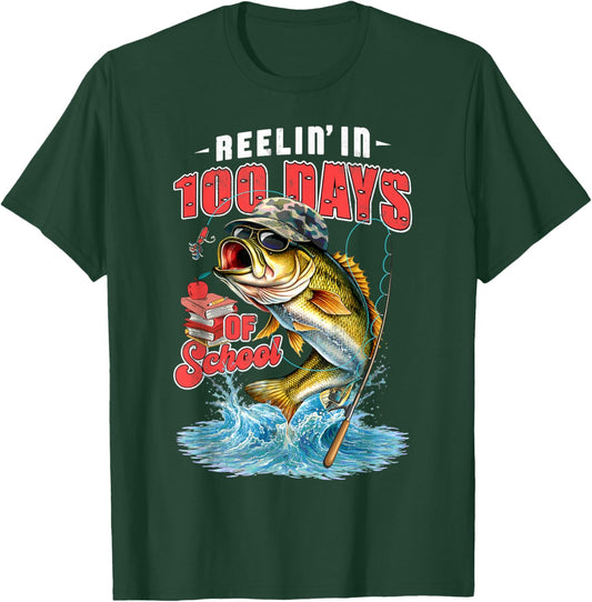 Reelin’ in 100 Days of School Camo Bass Fishing Teacher Boys T-Shirt - T-Shirt | Forest