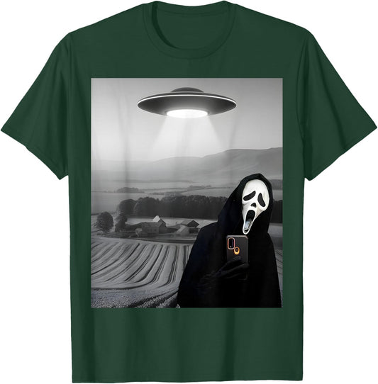 Cute Scary Face Horror Ghost Selfie with Alien UFO Funny T-Shirt - T-Shirt | Forest