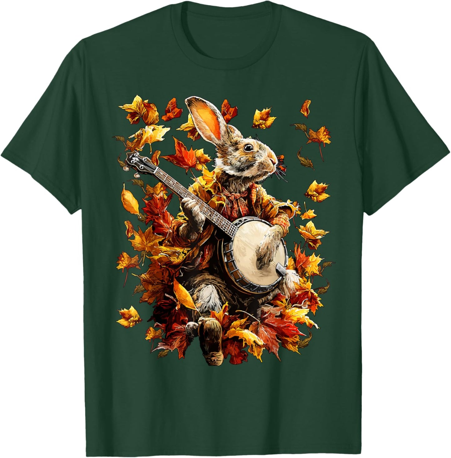 Banjoist Rabbit Playing Banjo Picker Fall Leaves Autumn Art T-Shirt - T-Shirt | Forest