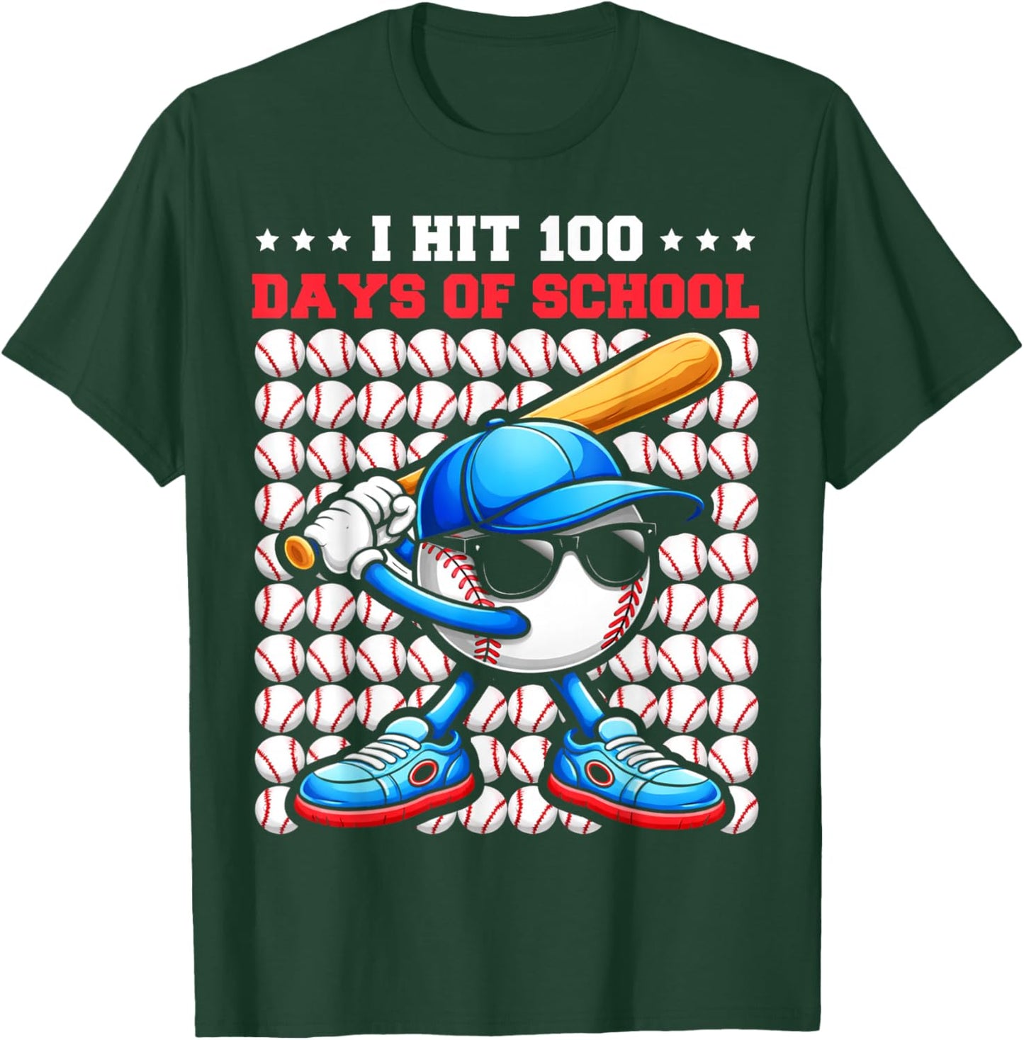 I Hit 100 Days of School Funny Baseball Player Kids Boys Son T-Shirt - T-Shirt | Forest