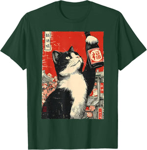 Cat Drinking Sake Japanese Kawaii Anime Alcohol Japan Food T-Shirt - T-Shirt | Forest