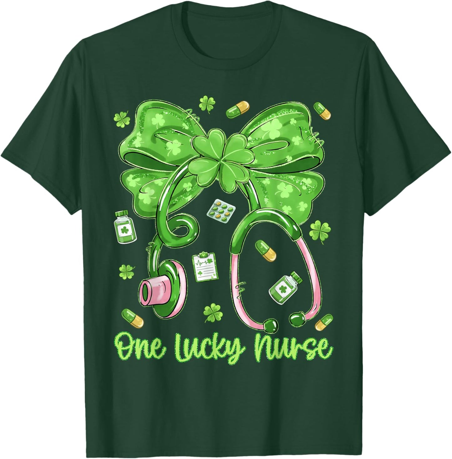 One Lucky Nurse Saint Paddys RN St Patricks Day Bow Nurses T-Shirt - T-Shirt | Forest