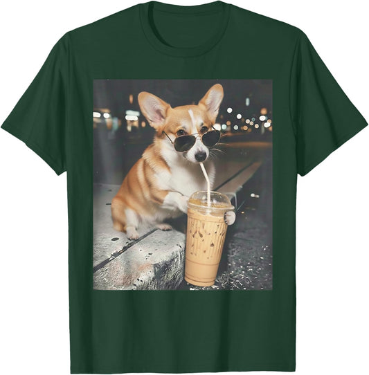 Corgi Drinking Iced Coffee Funny Animal Meme Corgi Dog Lover T-Shirt - T-Shirt | Forest