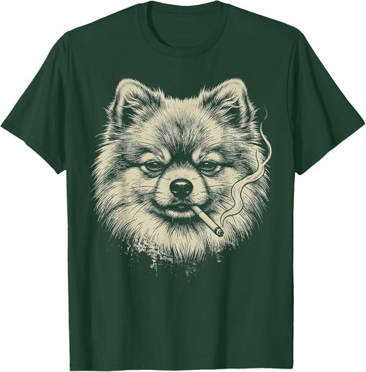 Funny Pomeranian Dog Smoking Cigarette Meme Vintage Graphic T-Shirt - T-Shirt | Forest