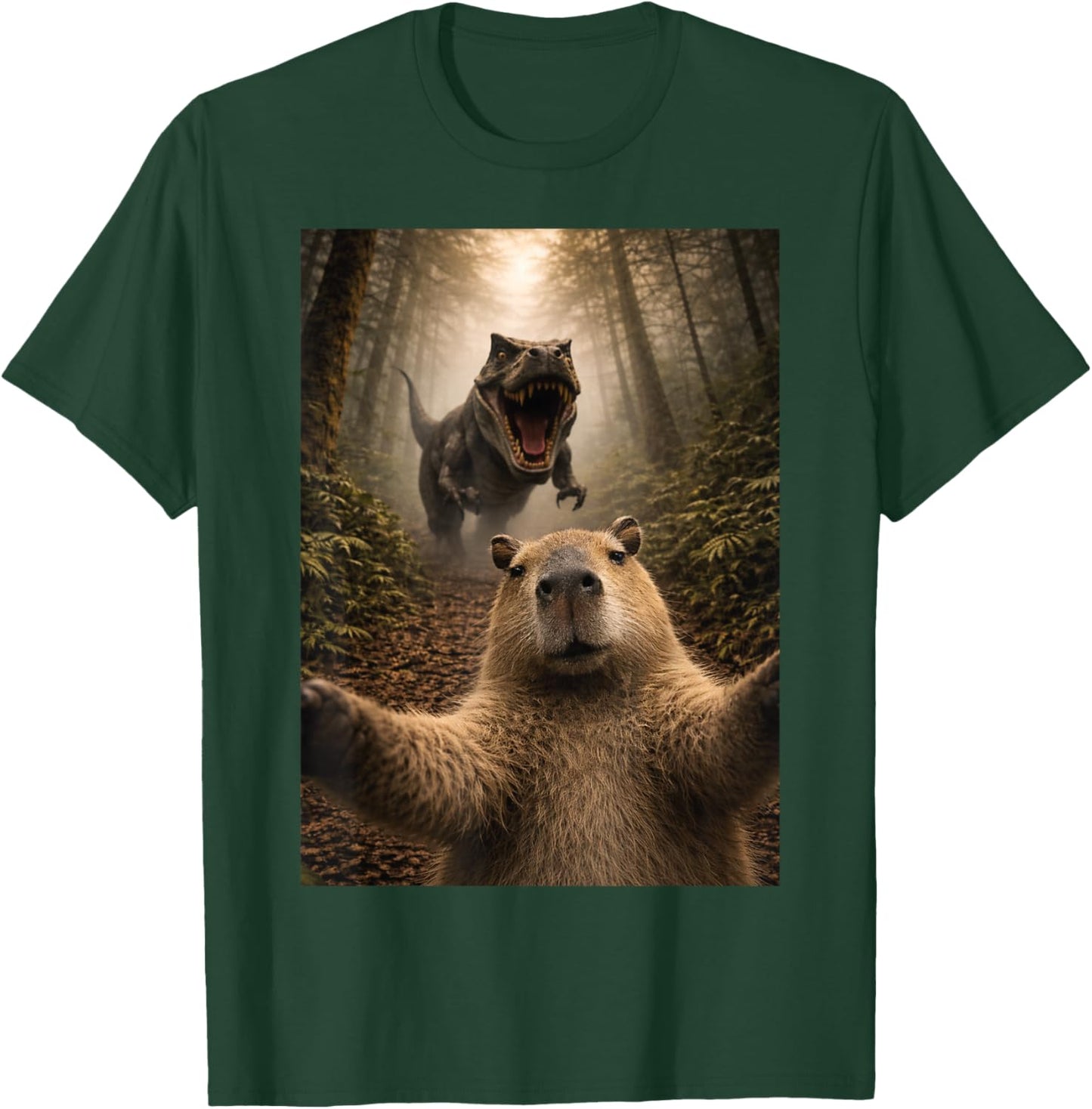 Funny Capybara Selfie with T-Rex Dinosaur Capybaras Lover T-Shirt - T-Shirt | Forest