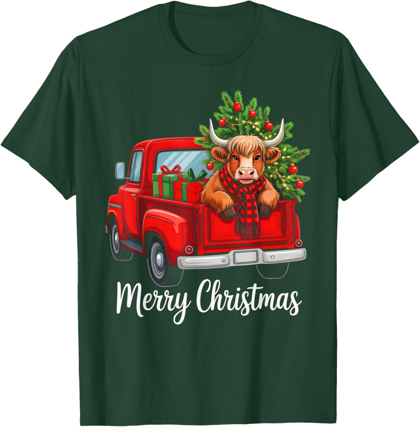 Merry Christmas Highland Cow Santa Hat Red Truck Xmas Tree T-Shirt - T-Shirt | Forest