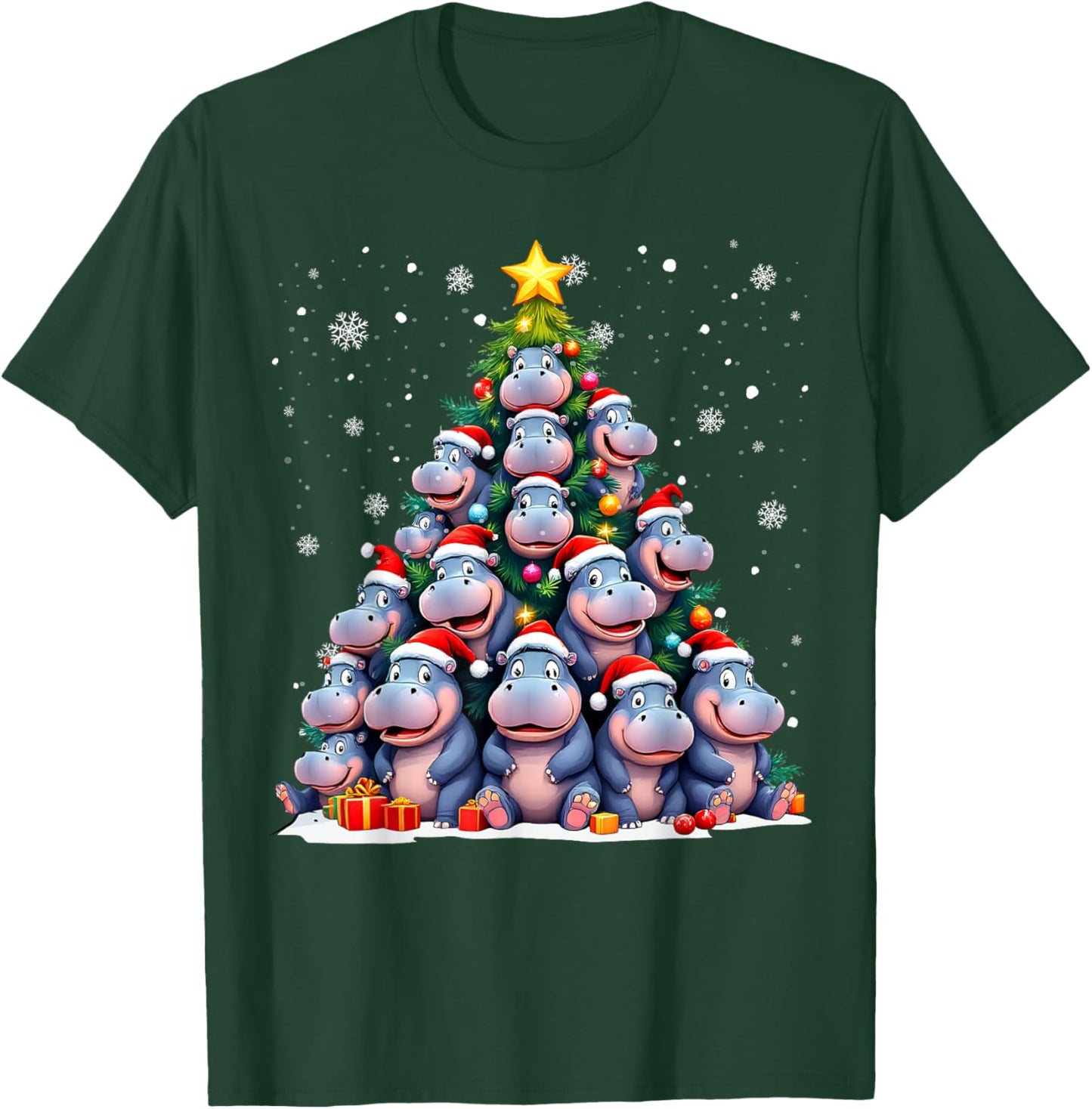 Funny Christmas Tree Hippo Family Xmas Pajamas T-Shirt - T-Shirt | Forest
