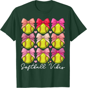 Softball Vibes Softball Coquette Bow Game Day Girls Women T-Shirt - T-Shirt | Forest