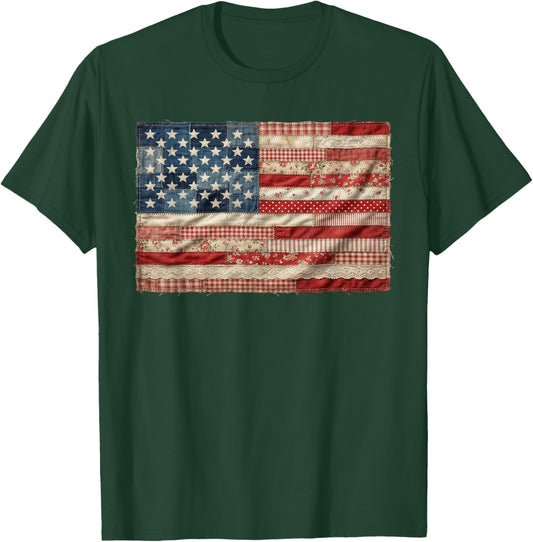 Vintage Patchwork American Flag Retro Patriotic 4th of July T-Shirt - T-Shirt | Forest