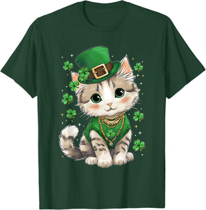St Patricks Day Cat Leprechaun Hat Shamrock Saint Pattys Day T-Shirt - T-Shirt | Forest
