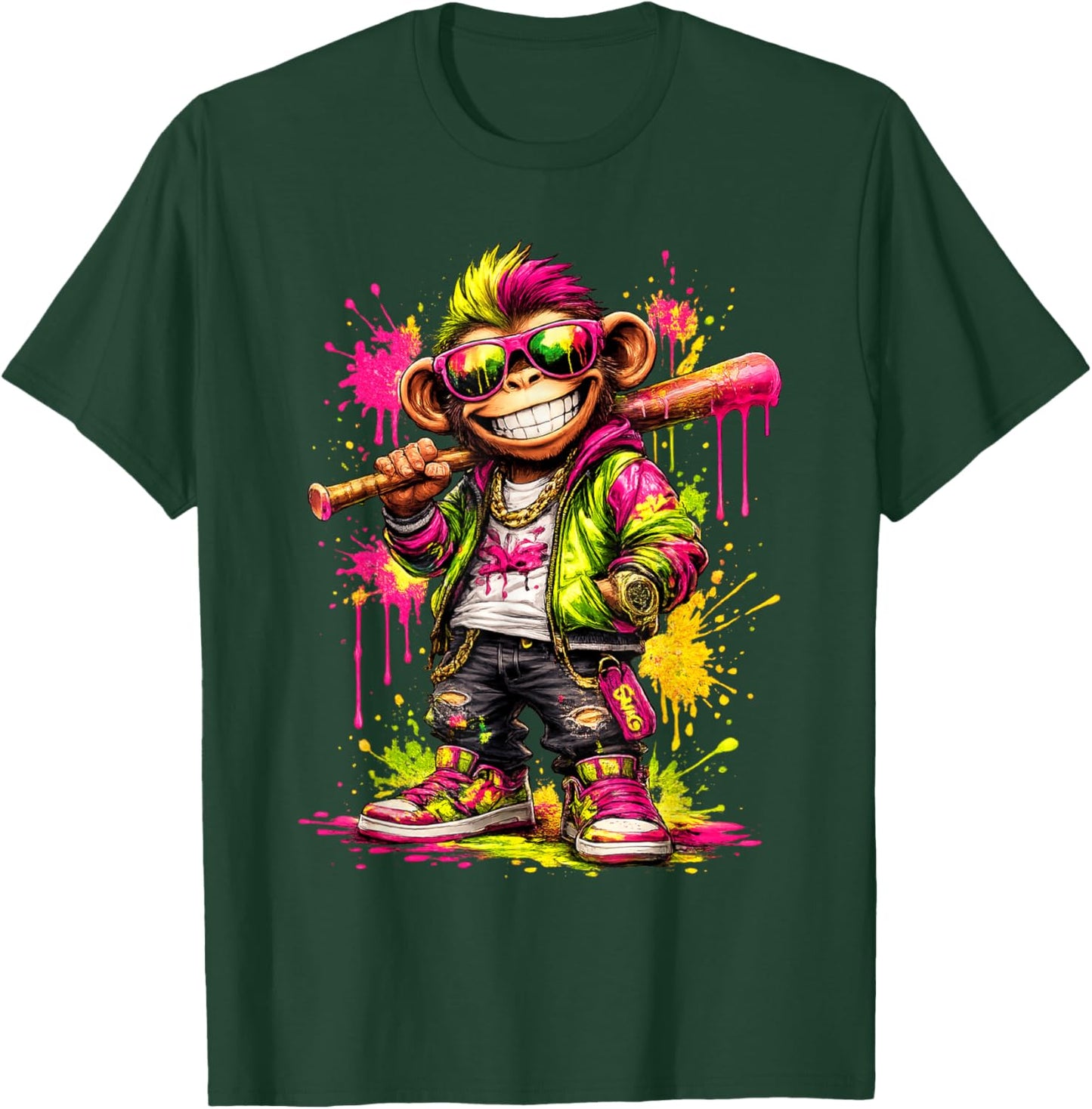 Monkey Baseball Drip Funny Animal Party Sport Cool Graphic T-Shirt - T-Shirt | Forest