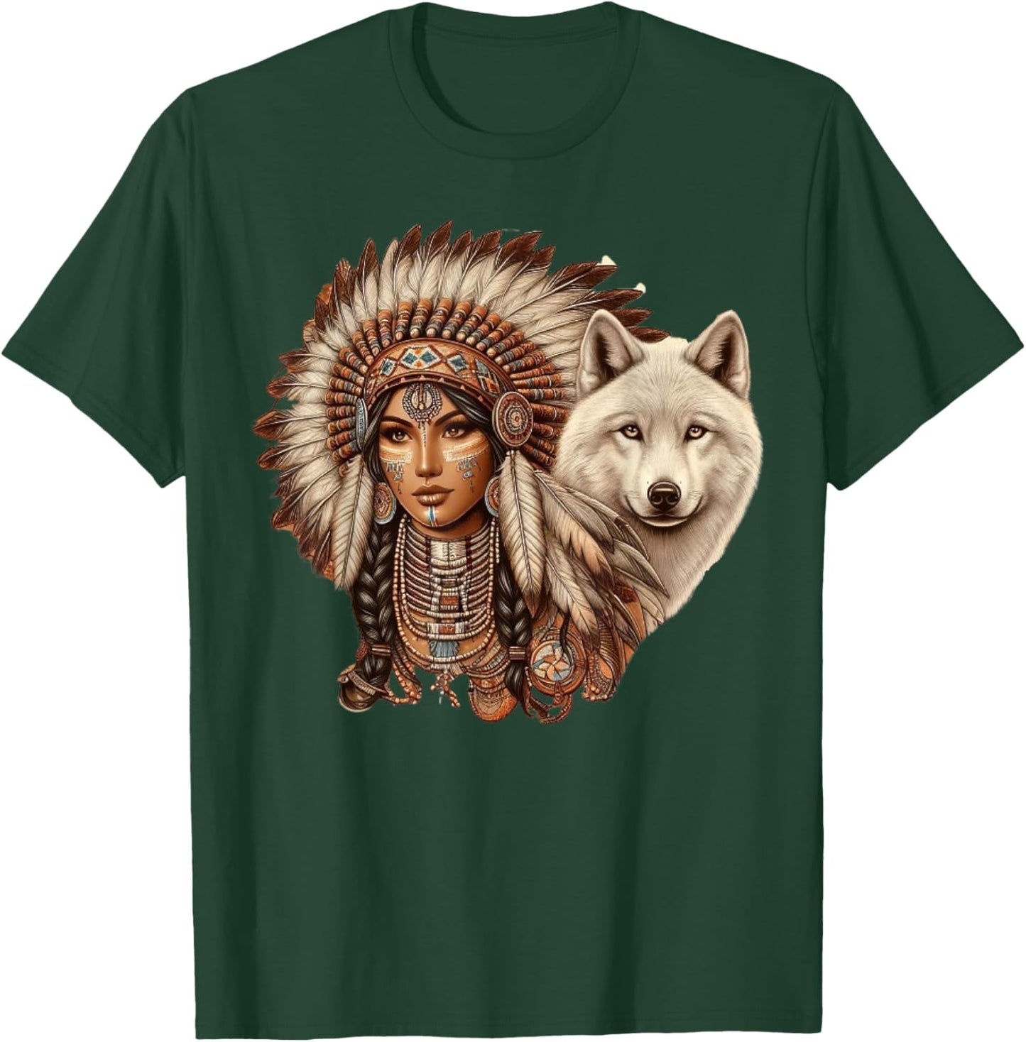 Indian Native American Woman with White Wolf Vintage T-Shirt - T-Shirt | Forest