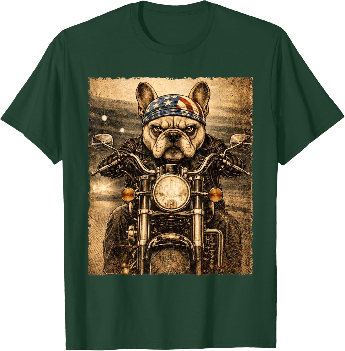 Vintage French Bulldog Dog Biker Frenchie Riding Motorcycle T-Shirt - T-Shirt | Forest